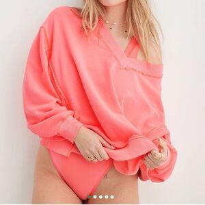 Aerie Vacay Everyday Tropidelic V-Neck Pullover Sweatshirt Top Neon Size XL